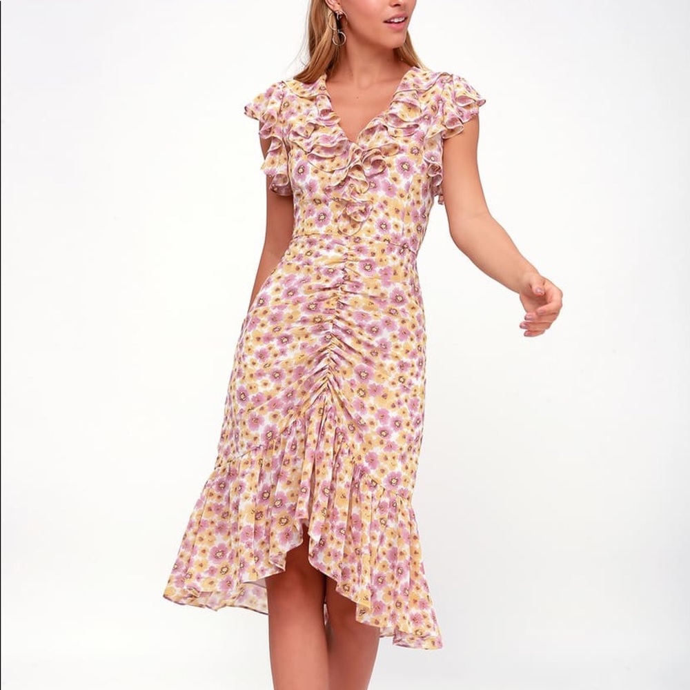 NWT Lulu’s WAYF Daphne Pink Yellow Floral Cocktail Ruched Ruffle Midi Dress XXL